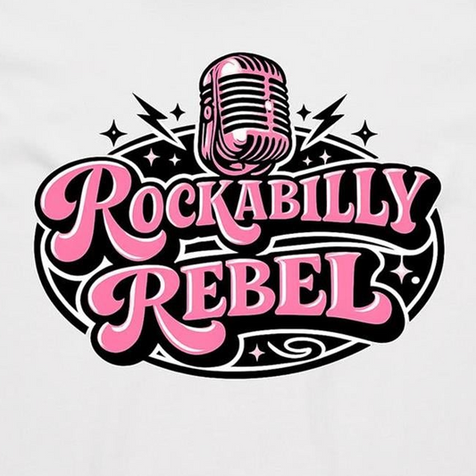 A graphic design featuring a retro pink microphone above the stylized text 'ROCKABILLY REBEL' in pink and black, shown on a plain white background.
