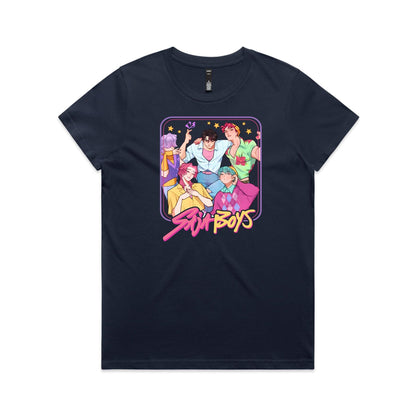 t-shirt featuring a colorful graphic print of five anime-style boys with the text 'Stunt Boys' written in a pink and yellow font below them.
