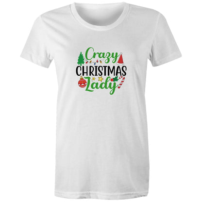 A red women's crew neck t-shirt with 'Crazy Christmas Lady' text and Christmas themed graphics including Santa, reindeer, and holiday ornaments.