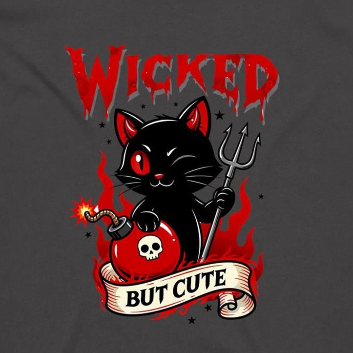 A dark gray t-shirt featuring a graphic print of a cute black cat with red eyes holding a pitchfork and a red bomb with a skull emblem, under the word 'WICKED' and above a banner reading 'BUT CUTE'.