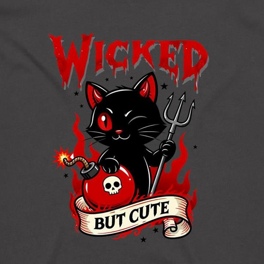 A dark gray t-shirt featuring a graphic print of a cute black cat with red eyes holding a pitchfork and a red bomb with a skull emblem, under the word 'WICKED' and above a banner reading 'BUT CUTE'.
