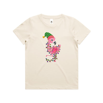 A pink cartoon flamingo wearing a green and red plaid Santa hat, wrapped in colorful Christmas lights, printed on a white fabric background.