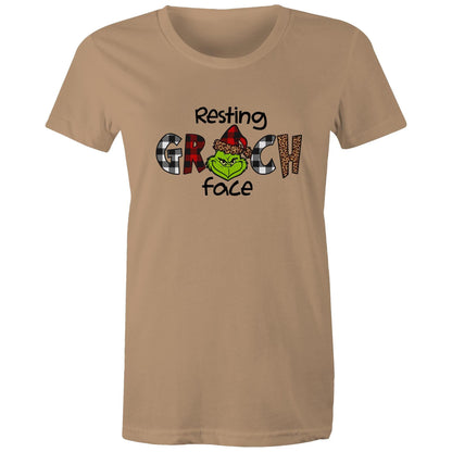 A white women's maple tee with 'Resting GRINCH FACE' printed on the front.