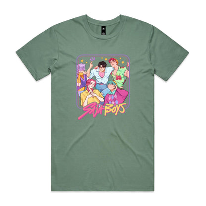 t-shirt featuring a colorful graphic print of five anime-style boys with the text 'Sun Boys' in pink and yellow stylized font.