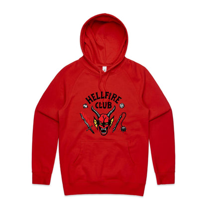 White pullover hoodie featuring a graphic print of a red horned devil face with the text 'HELLFIRE CLUB' in black above it, accompanied by a sword with red flames, a mace, and small black symbols.