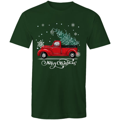 Men's green t-shirt with 'Merry Christmas' and a graphic of a red ute (pickup truck) with snowflakes and a Christmas tree on it.