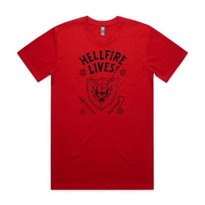 t-shirt featuring a black graphic print with the text 'HELLFIRE LIVES!' above a horned skull, dice, sword, and mace design.