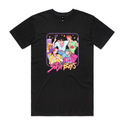 A black t-shirt featuring a colorful graphic print of five anime-style boys with the text 'Sun Boys' in pink and yellow stylized font.