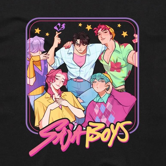 A black t-shirt featuring a colorful graphic print of five anime-style boys with the text 'Sun Boys' in pink and yellow stylized font.