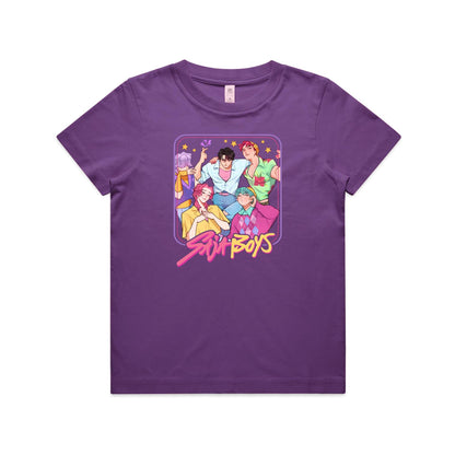A close-up of a t-shirt featuring a colorful graphic print of five illustrated anime-style boys with the text 'Stu Boys' in pink and yellow stylized lettering.