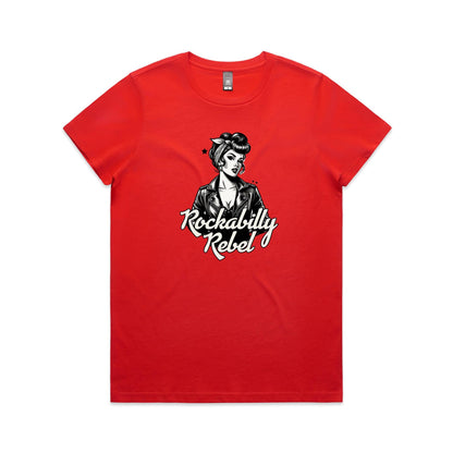 A black and white graphic print on a white fabric background, featuring a retro pin-up style woman in a leather jacket with the text 'Rockabilly Rebel'.