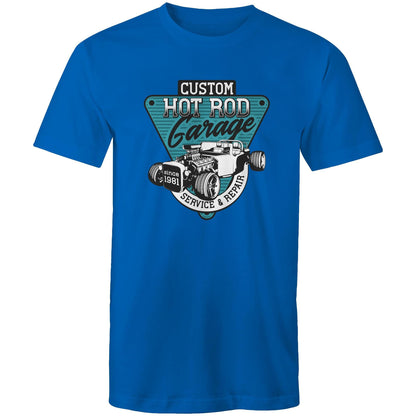 A blue men's t-shirt with a graphic print of a hot rod garage and text elements.