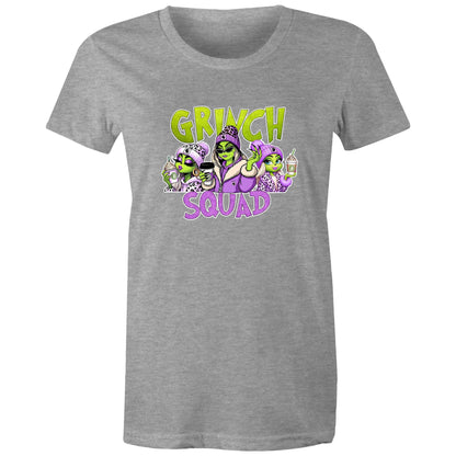 A dark heather gray t-shirt featuring a colorful graphic print of three cartoon aliens dressed in purple and leopard-print clothing, holding drinks, with the text 'GRINCH SQUAD' in lime green and purple.