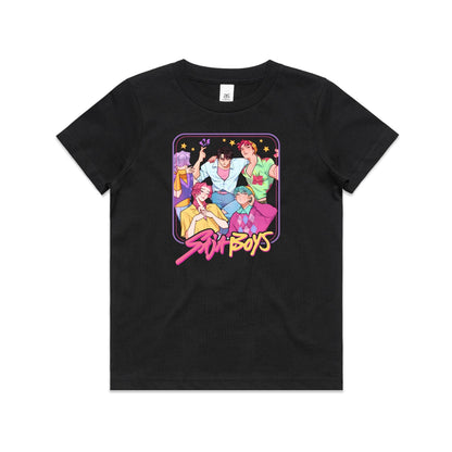 A close-up of a t-shirt featuring a colorful graphic print of five illustrated anime-style boys with the text 'Stu Boys' in pink and yellow stylized lettering.