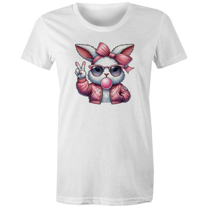 A pink graphic print on a light pink background, featuring a cartoon rabbit wearing a pink bow, pink sunglasses, a pink bomber jacket, and blowing a pink bubblegum bubble while making a peace sign.