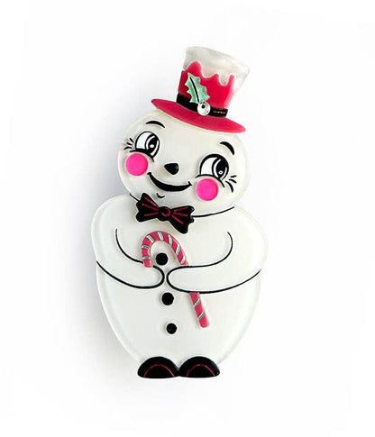 A white snowman figurine or ornament with a red top hat, black bow tie, pink cheeks, and a candy cane, shown on a plain white background.