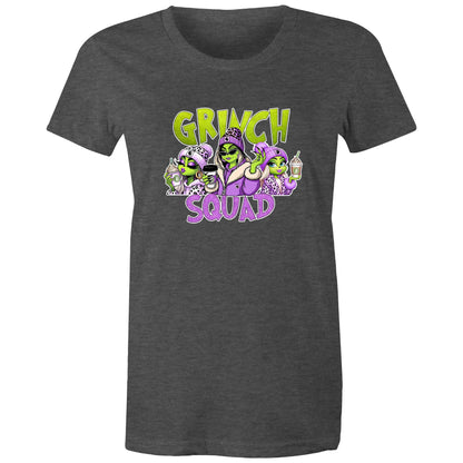 A dark heather gray t-shirt featuring a colorful graphic print of three cartoon aliens dressed in purple and leopard-print clothing, holding drinks, with the text 'GRINCH SQUAD' in lime green and purple.