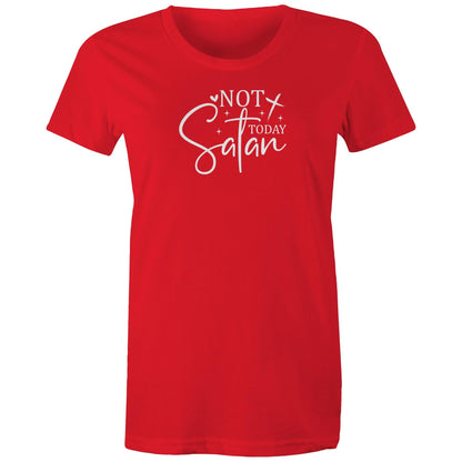 A close-up of a bright red t-shirt featuring a white graphic print that reads 'NOT TODAY Satan' with decorative script and star accents.