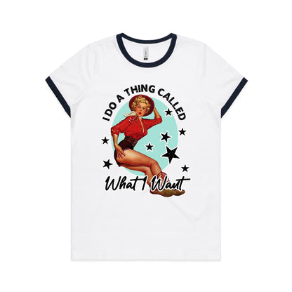 A white women's ringer tee with a graphic print of a 1950s style pin-up model on the front.