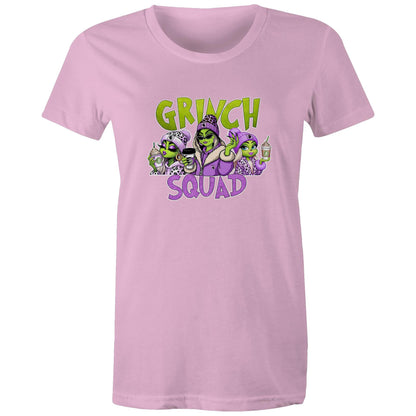 A dark heather gray t-shirt featuring a colorful graphic print of three cartoon aliens dressed in purple and leopard-print clothing, holding drinks, with the text 'GRINCH SQUAD' in lime green and purple.