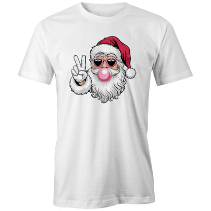 A black crew neck t-shirt with a printed graphic of Santa Claus making a peace sign, wearing sunglasses, and having a pink bubble gum.