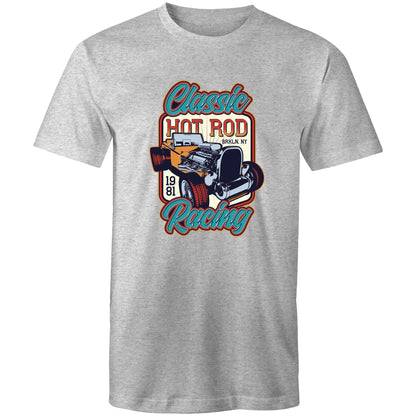 A vintage-style graphic print featuring a hot rod car with an exposed engine, surrounded by the words 'Classic Hot Rod Racing' and '1981 BRKLN. NY' 