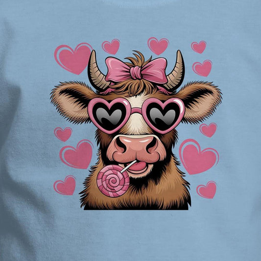 A pink youth t-shirt with a graphic print of a highland cow wearing sunglasses and licking a lollipop, surrounded by heart shapes.