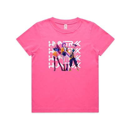 A close-up of a t-shirt featuring a graphic print of three stylized female anime characters in colorful outfits, overlaid with the word 'HUNTRX' repeated vertically in large white letters.