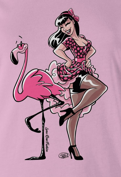 A pink graphic print featuring a retro pin-up style woman in a pink polka-dot dress posing next to a pink flamingo. The artwork includes black outlines and stylized shading, with a pink background.