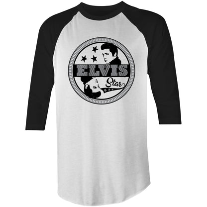 A 3/4 sleeve men's t-shirt with a graphic print of Elvis Presley and the text 'ELVIS Star' on the front.