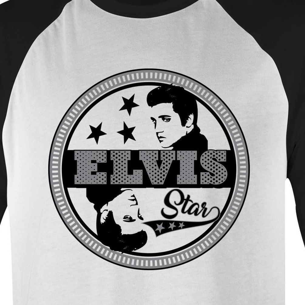 A 3/4 sleeve men's t-shirt with a graphic print of Elvis Presley and the text 'ELVIS Star' on the front.