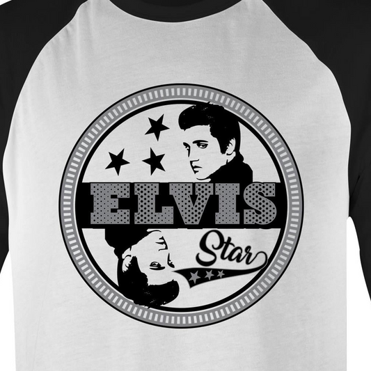 A 3/4 sleeve men's t-shirt with a graphic print of Elvis Presley and the text 'ELVIS Star' on the front.