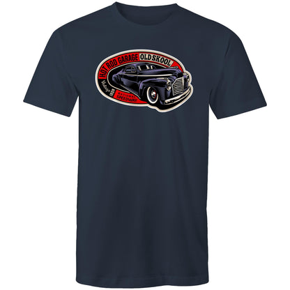 Navy blue t-shirt with a graphic print of an old-fashioned car and the text 'Old School' on it.
