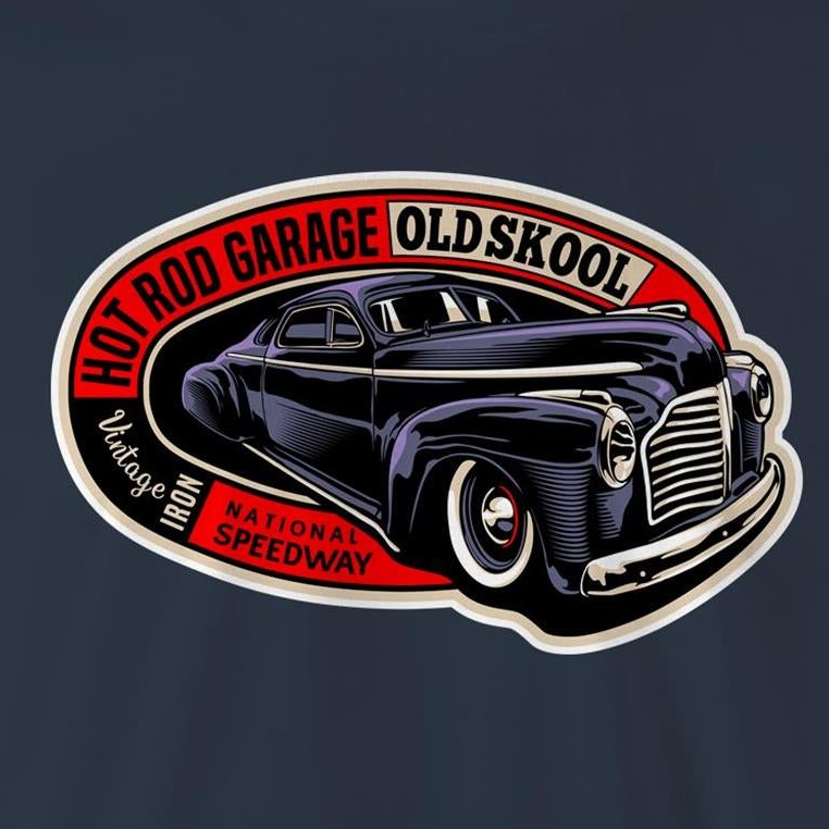 A die-cut sticker featuring a vintage hot rod car in black and dark blue, set against a red and white oval background with the text 'HOT ROD GARAGE OLD SKOOL' and 'Vintage Racing National Speedway'.