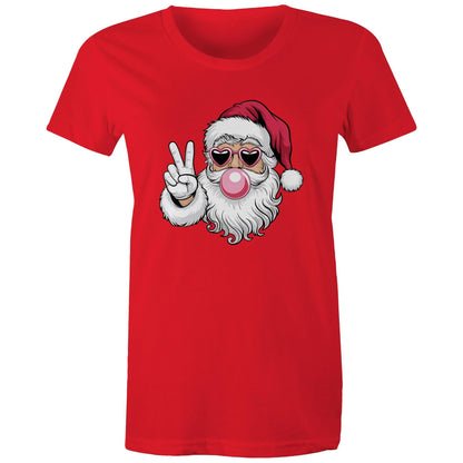 A red women's maple tee with a graphic of Santa Claus making a peace sign.