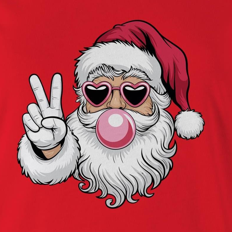 A graphic print of a cartoon Santa Claus with a white beard, red hat, heart-shaped sunglasses, and a pink bubblegum bubble, making a peace sign against a solid red background.