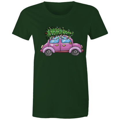A women's t-shirt with a printed image of a Christmas tree on the front, resembling a car, on a marled background.