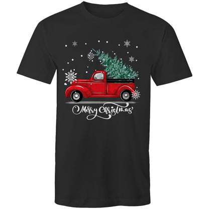 Men's green t-shirt with 'Merry Christmas' and a graphic of a red ute (pickup truck) with snowflakes and a Christmas tree on it.