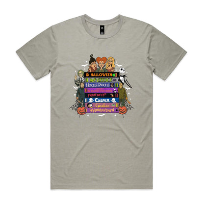 A graphic print featuring cartoon characters and movie titles from the Halloween franchise, including Dr. Seuss, Jack Skellington, Michael Myers, Sally, and various film titles like 'Halloween', 'Bedazzle', 'Hocus Pocus', 'Friday the 13th', 'Casper', and 'Gorillaz vs.