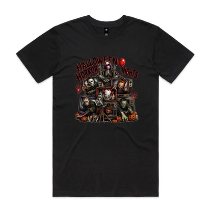 A black graphic t-shirt featuring a detailed collage of classic horror movie villains emerging from television sets, with the text 'HALLOWEEN HORROR NIGHTS' in dripping red letters and a red balloon.