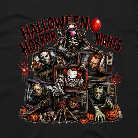 A black graphic t-shirt featuring a detailed collage of classic horror movie villains emerging from television sets, with the text 'HALLOWEEN HORROR NIGHTS' in dripping red letters and a red balloon.