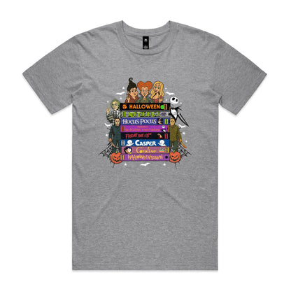 A graphic print featuring cartoon characters and movie titles from the Halloween franchise, including Dr. Seuss, Jack Skellington, Michael Myers, Sally, and various film titles like 'Halloween', 'Bedazzle', 'Hocus Pocus', 'Friday the 13th', 'Casper', and 'Gorillaz vs.