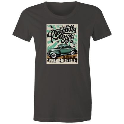 A vintage-style poster graphic on a sage green background, featuring the text 'Rockabilly Style FEST' in black script, a retro green car illustration, and 'VINTAGE DRAG RACE' with the date '13-17 NOV, 20'.