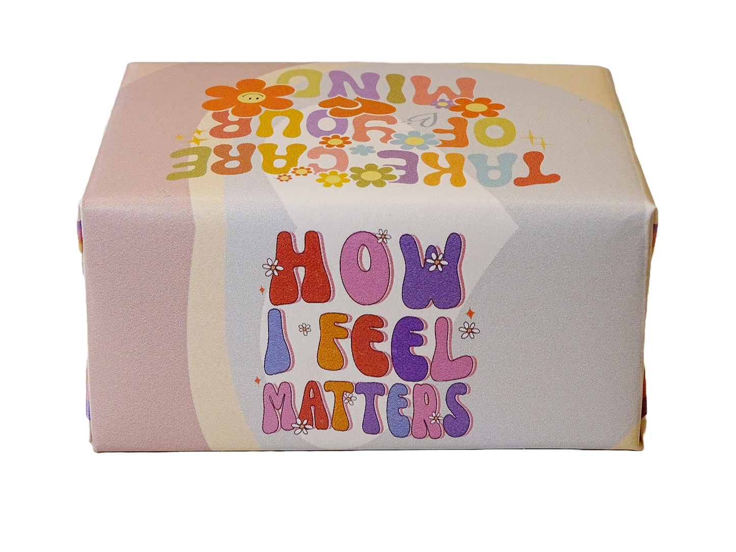 A square product box with a retro 1960s-style design, featuring the text 'HOW I FEEL MATTERS' in colorful bubble letters on a light pink and white background with wavy stripes.
