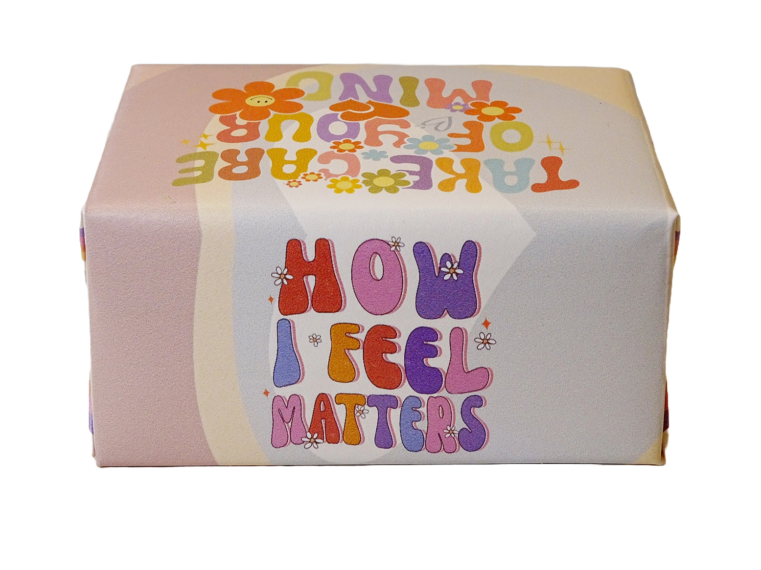 A square product box with a retro 1960s-style design, featuring the text 'HOW I FEEL MATTERS' in colorful bubble letters on a light pink and white background with wavy stripes.