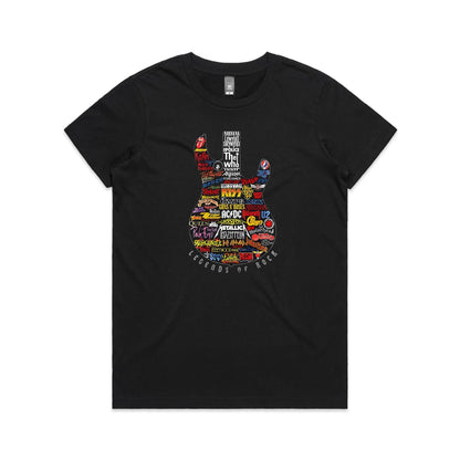 A black graphic t-shirt featuring a large electric guitar silhouette filled with colorful rock and metal band logos and names, with the text 'LEGENDS OF ROCK' arched below.