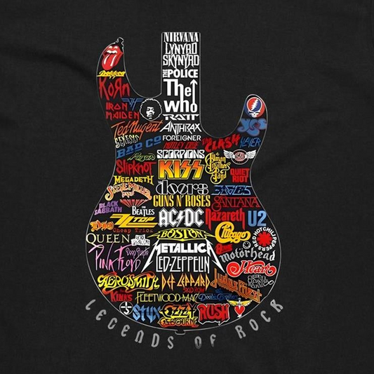 A black graphic t-shirt featuring a large electric guitar silhouette filled with colorful rock and metal band logos and names, with the text 'LEGENDS OF ROCK' arched below.