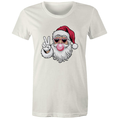 A red women's maple tee with a graphic of Santa Claus making a peace sign.