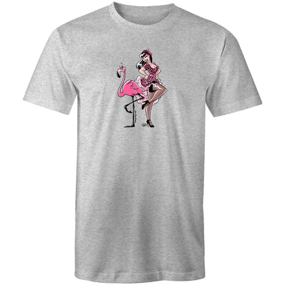 A heather gray t-shirt featuring a retro-style graphic print of a pin-up girl with black-and-white hair and a pink bow, posing with a pink flamingo.
