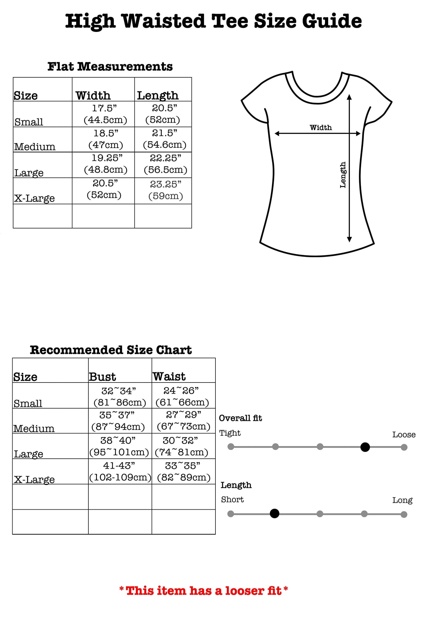 High-waisted tee size guide with measurements and chart on a white background